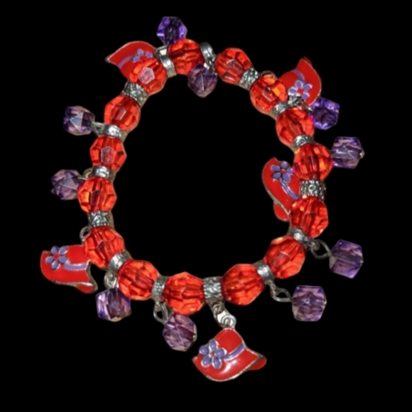 6" Vintage Red Hat Society Beaded Bracelet L8 - Picture 2 of 2